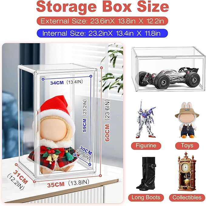 23.6 inch Tall Acrylic Display Case 13.8'' x 12.2'' x 23.6'' Stackable Boot & Shoe Boxes Clear Giant Acrylic Display Box for Collectibles Figures Doll Dustproof Sneakers Helmet Storage Box