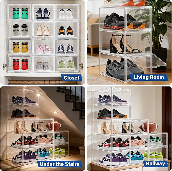 1 Pack Drop Front Shoe Boxes Acrylic Box Sneaker Case Size 12, Transparent Display Cases for Sneaker Collections, Baseball Caps, Hat Organizer Dust-free Shoe Cubbies Stackable Sneaker Boxes