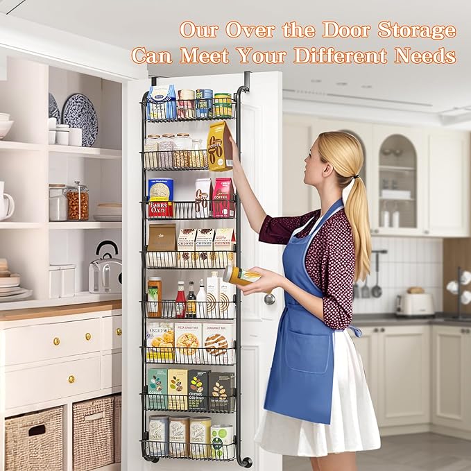 MIAOLI Over the Door Pantry Organizers and Storage, 8-Tier Spice Rack, Home & Kitchen Storage Shelves for Cabinet, Large Capacity Hanging Seasoning Organizer, Laundry Room Organization, Black