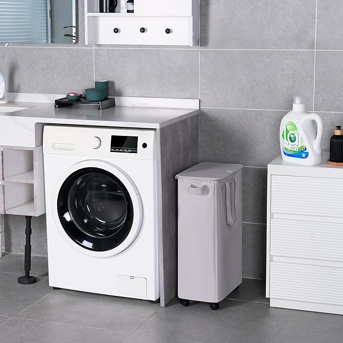 Slim Laundry Hamper with Lid and Wheels, Small Rolling Laundry Basket with Handle for Small Spaces, Tall Dirty Clothes Hampers for Dorm, Bathroom and Bedroom, 55L, Grey