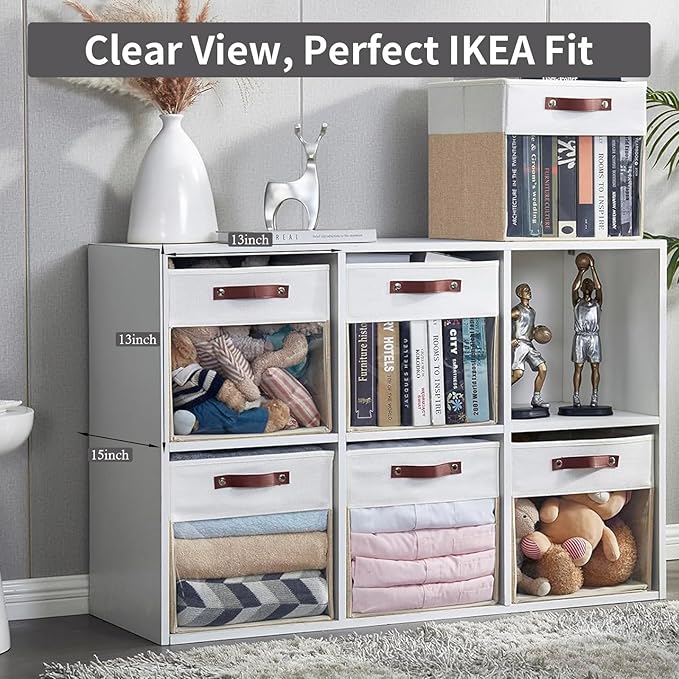Storage Cubes, 4 Pack Linen Foldable Storage Bins with Clear Window and 2 Handles, 13x15x13 Storage Cube Bins for Shelf Closet, Kallax, Clothes, Books - (Beige and White)