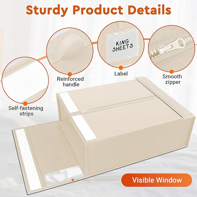 6 Pack Bed Sheet Closet Organizers and Storage,Sturdy Foldable Storage Containers with Window and Label,Storage and Organization for Bedding Sheets,Duvet Covers,Blankets (Beige)