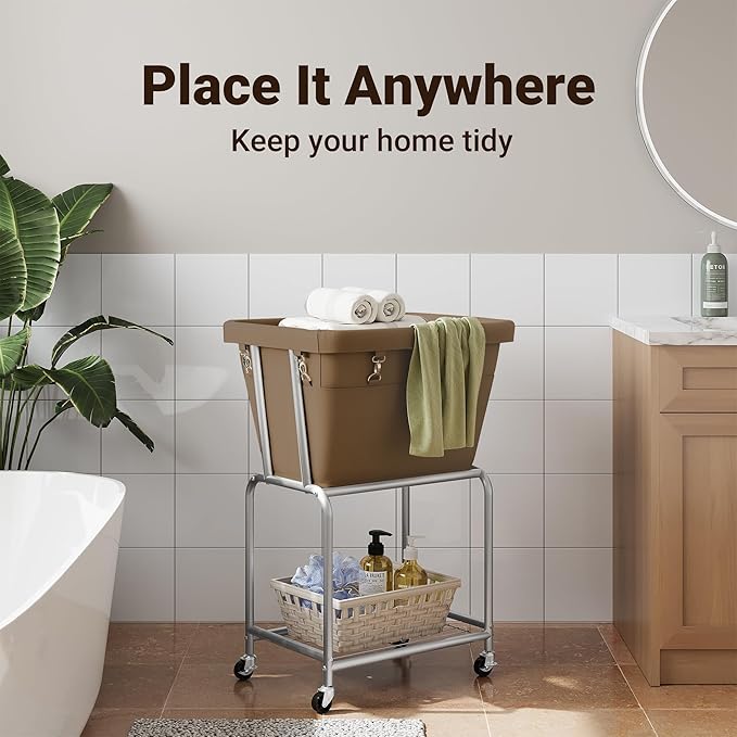 ELYKEN Laundry Cart with Wheels, Rolling Laundry Hamper with Removable Bag and Shelf, Metal Frame Laundry Basket with 4 Casters and 2 Brakes, Ideal for Bedroom, Bathroom, Laundry Room, Camel Brown