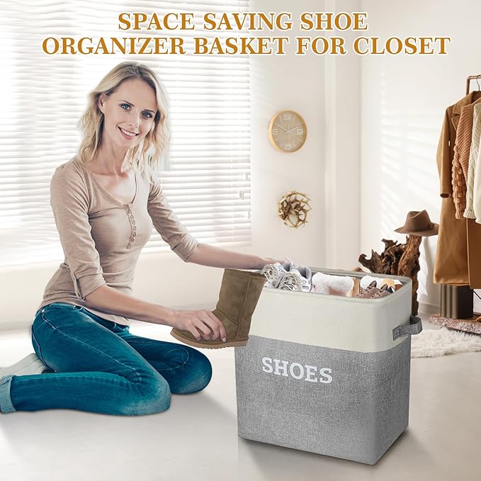 Lukeline Fabric Shoe Basket for Entryway, Hallway or Mudroom - Flodable Space-Saving Storage Bin for Closet, Decorative Home Decor (Extra Large)