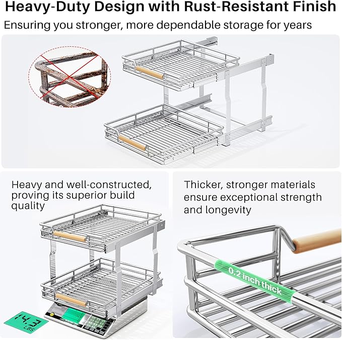 Pull out Cabinet Organizer, 2 Tiers 17"W X 21"D, Heavy Duty Smooth Sliding Under Cabinet Shelves for Pots and Pans, Full-Extension Roll out Drawers, Slide out Organization for Home Kitchen Pantry