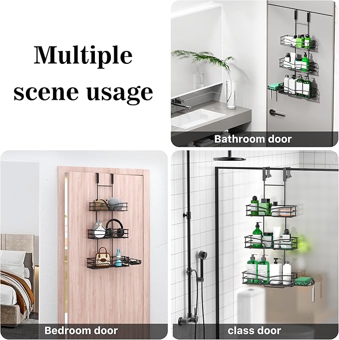Over the Door Shower Caddy Hanging, 3 Tier Adjustable Shower Organizer with Soap Holder, Rustproof Bathroom Shelves Hanging on the Bathroom Glass Door, Matte Black