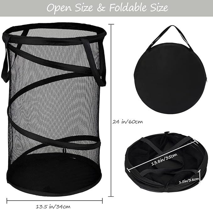 BATTOO 2 Pack Large Collapsible Laundry Basket Foldable Mesh Pop Up Hamper with Handles for Laundry Room, Bathroom, Kids Room, College Dorm, Travel, Storage Organizer Black