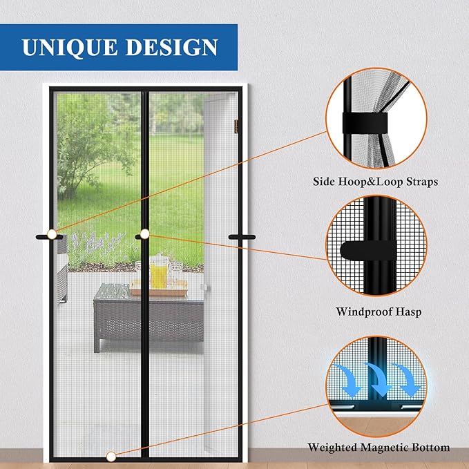 Magnetic Screen Door, Fits Door Size 60'' x 80'', Scratch-Proof Polyester, Classic Middle-Opening, Keep Annoying Creatures Out, Pet Friendly Mesh, Walk Through, Suitable for French/Double Doors, Black