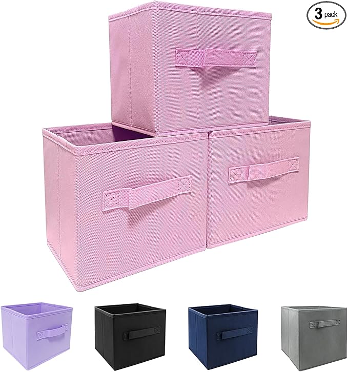 Pink Storage Bins 3Pack 9.0"x7.5"x7.5" Fabirc Foldable Closet Toy Organizer Collapsible Cloth