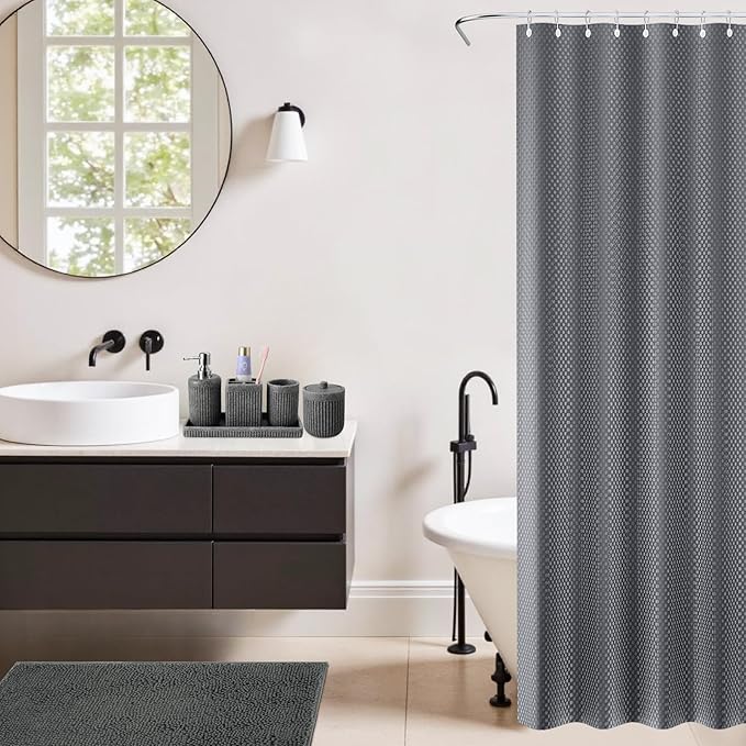 8-Piece Grey Bathroom Sets with Shower Curtain and Rugs, Resin Bathroom Accessories Sets Complete with Soap Dispenser, Toothbrush Holder, Tumbler & Apothecary Jars Bathroom Essentials