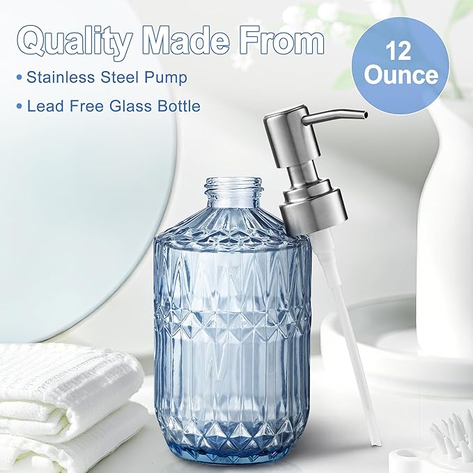 Kaishun 13 Oz Refillable Soap Dispenser, Glass Soap Dispenser for Dispense Hand Soap, Dish Soap, Lotion (Blue)