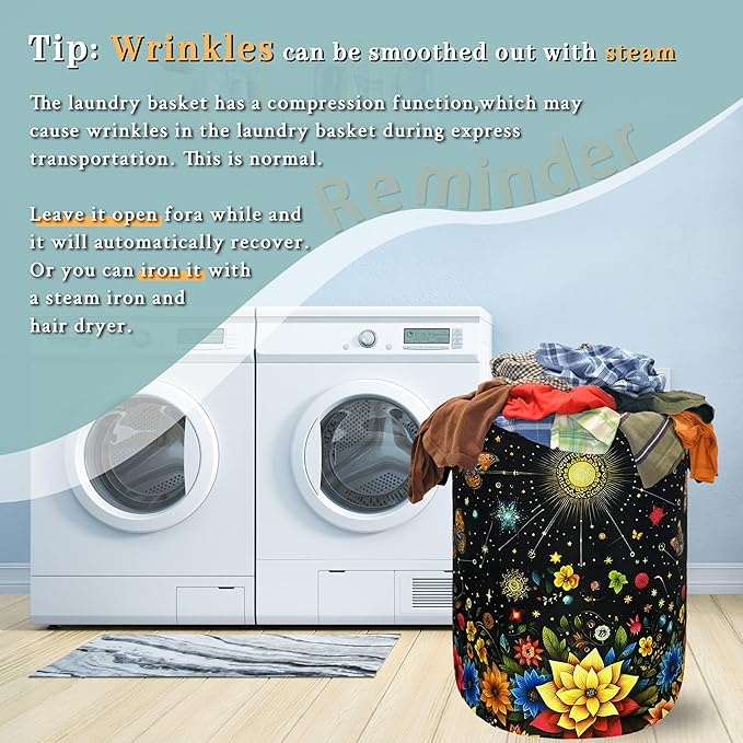 Colorful Flowers Butterfly Laundry Basket Moon Floral Laundry Hamper Foldable Oxford Cloth Beautiful Flower Tote Bag Clothes Toy Storage Bucket For Bathroom/Laundry Storage/Bedroom 18.9 x 16.5 Inch