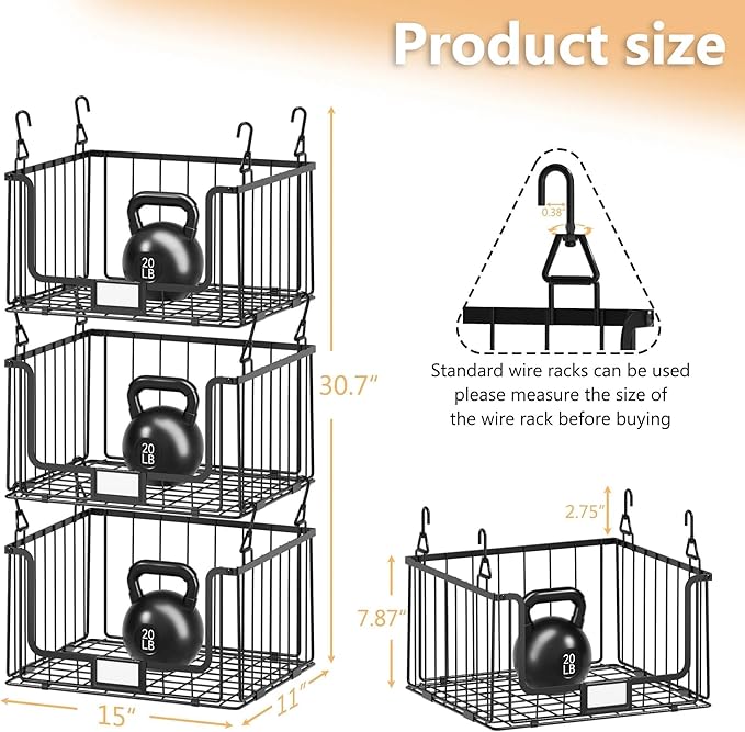 3-Pack Hanging Laundry Organizer, Stackable Wire Shelf Storage with Label Cards, Foldable Metal Baskets with 360°Rotating Hooks,Space-Saving for Laundry Room, Closet & Pantry, 11"×15" Large,Black
