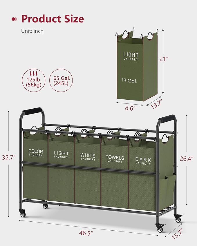 Tajsoon 5 Sections Laundry Sorter, Laundry Hamper with Heavy Duty Lockable Wheels and Removable Bags, 5 Bag Laundry Sorter Cart for Dirty Clothes Storage, Green