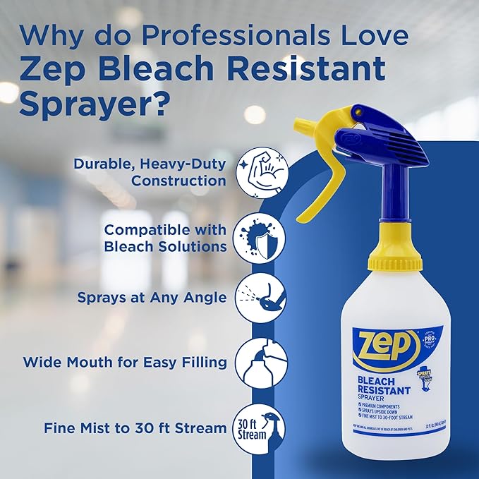 Zep Bleach Resistant Professional Sprayer Bottle - 32 oz (Pack of 2) - ZUPRO2-30 Foot Stream Spray or a Fine Mist, Adjustable Nozzle Measurements, Bleach Resistant for Up to a Year