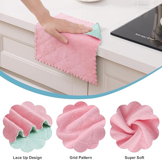 Homaxy 12 Pack Kitchen Cloths Dish Towels (10" x 10", Dark Green & Pink), Super Soft and Absorbent Dish Cloths, Coral Velvet Microfiber Cleaning Cloth, Nonstick Oil Fast Dry Dishcloths