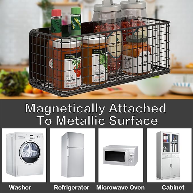 Magnetic Basket Fridge Large Magnetic Pen Holder Whiteboard Metal Wire Basket Storage Item Organizer (Large Black)
