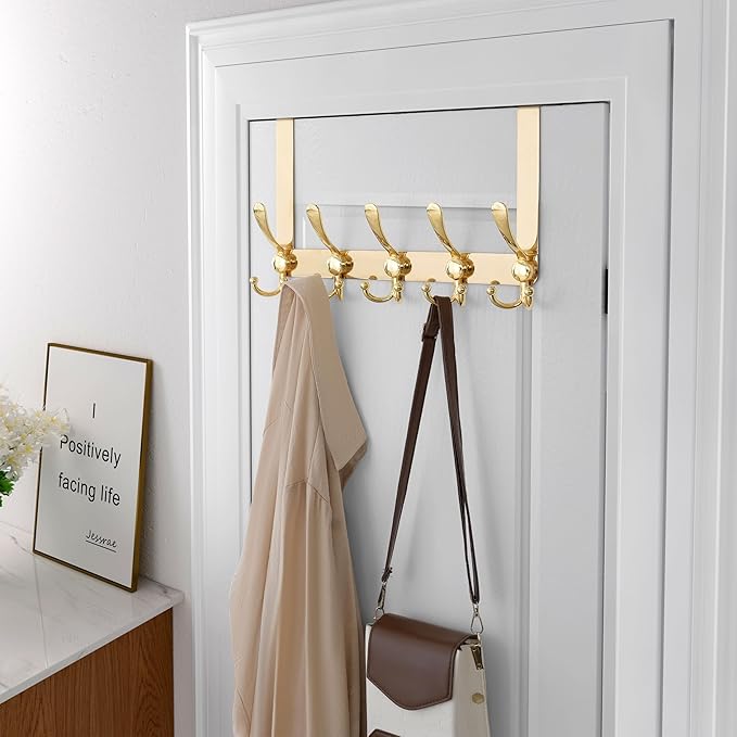 Dseap Over Door Hook 2.0 - Upgraded Version - Simple-Assembly, Strong, Heavy-Duty Stainless Steel 5-Tri-Hook Over The Door Hanger Rack, SimpleStrong Series, Gold, Pack of 2