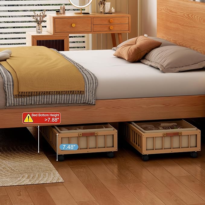 efluky 2-Pack Bamboo Under Bed Storage with Wheels, Rolling UnderBed Storage Basket with Large Dust Bag, Under Bed Storage Containers for Bedroom, Dorm and Basement, Black