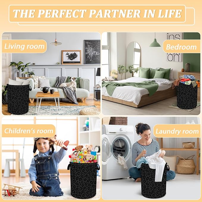 Laundry Hamper, Grey and Black Leopard Print Laundry Basket, Oxford Waterproof Foldable Clothes Storage Bin, Toy Organizer Basket for Bathroom/Household/College Dorms 15.7"x19.6"