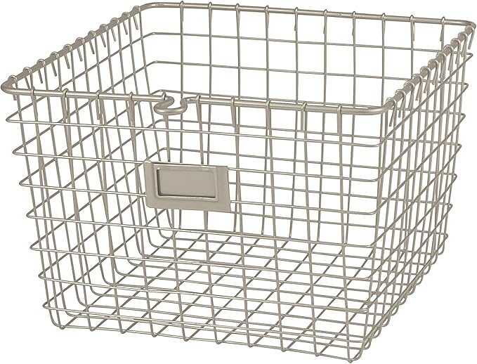 Spectrum Medium Wire Basket with Label Plate Satin Nickel Storage Basket Bin Organizer for Kitchen Pantry Cabinet, Sturdy Steel Heavy Duty Kitchen Wire Basket Storage Bins for Pantry Organization