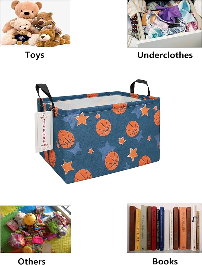 QUEENLALA Rectangular Laundry Hamper/Foldable Nursery Laundry Basket for Organizing/Storage Bin Baskets/Children Toy Office Bedroom/Toy Bin Closet Shelf Baskets（Rec-Basketball）