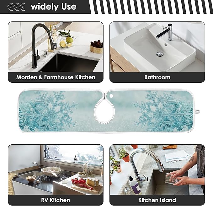 2 Pack Faucet Splash Catcher Blue Snowflakes Sink Mat for Faucet Absorbent Kitchen Splash Guard Drip Catcher for Farmhouse Barthroom Bar, L