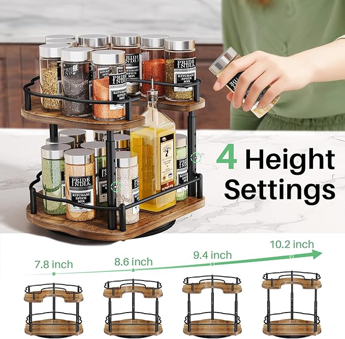 Lazy Susan Organizer Spice Rack - Spice Organization for Cabinet Height Adjustable Rotating Lazy Turntable, Pantry Kitchen Wood Revolving Seasoning Organizer (9 Inch)