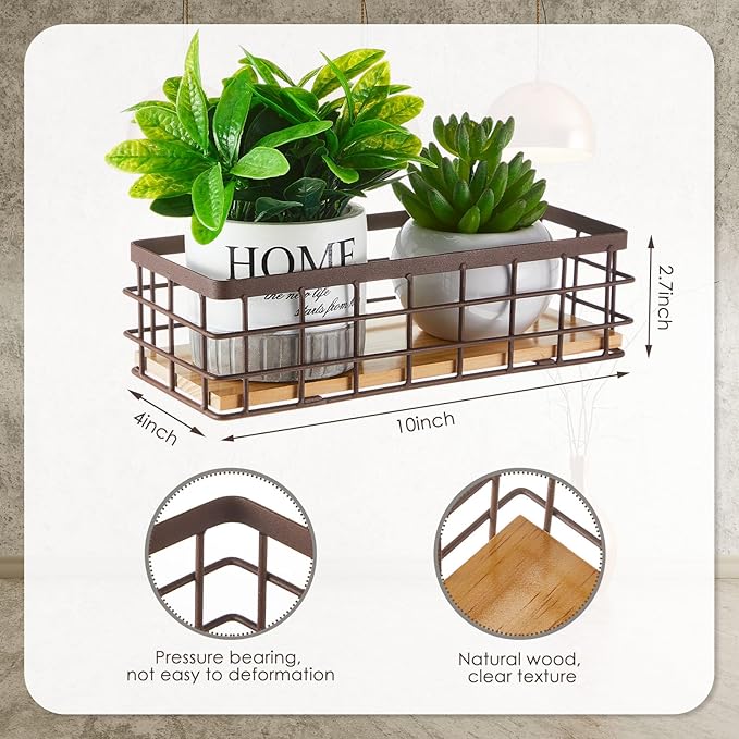 Funrous 2 Pcs Metal Small Wire Basket Wall Hanging Wire Basket Hang Small Bathroom Kitchen Storage Organizer Toilet Paper Mesh Storage Bin Shelf Rack with Base(Brown,9.84 x 3.94 x 2.76 Inches)