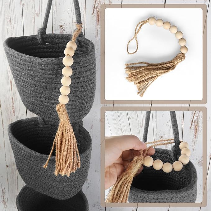 Fabric Wall Hanging Organizers - Small Woven Baskets Pouches Set Boho Style Wall Mounted Bag with Adhesive Hook, Storage Decoration Pocket Caddy for Closet Playroom RV Nursery (Gray & Black)