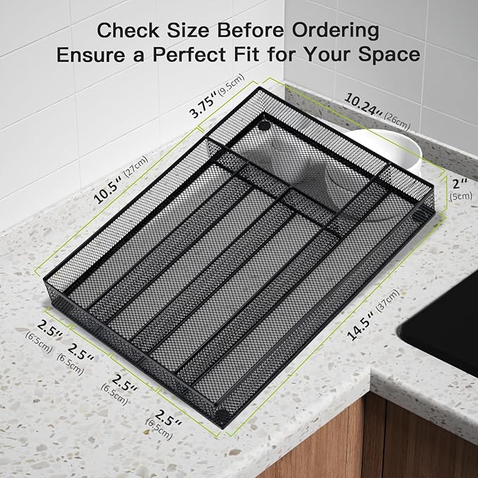 Neudeco Silverware Drawer Organizer Holder, Cutlery Tray Silverware Flatware Storage Divider for Kitchen, Bedroom, Living Room,Mesh Wire with Non-slip foam Feet, 5 Compoment（Black）