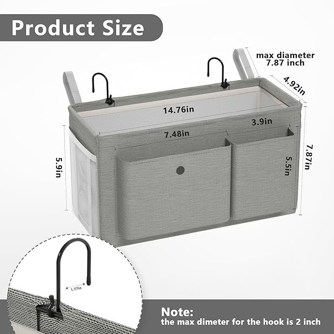 Bedside Caddy Bedside Organizer with Fixed Straps & Water Bottle Holder, Bunk Bed Caddy ideal for Home, Dorm, Hospital, Crib, Versatile Bedside Storage Solution (Grey 2pcs)