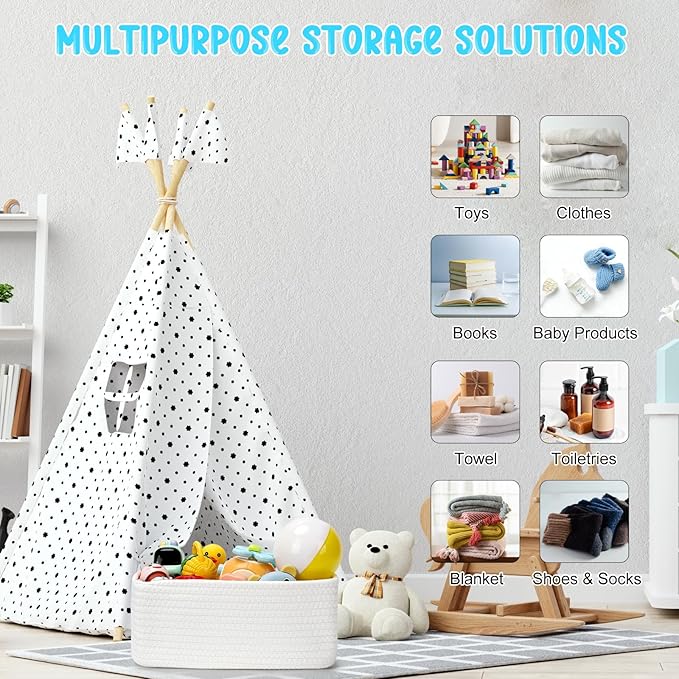 3-Pack Storage Baskets for Organizing | Woven Shelf Toy Basket | Rope Baskets for Gifts Empty | Closet Organizer Bins with Handles | Cube Decorative Box | 13.7×7.1×6.7” | White