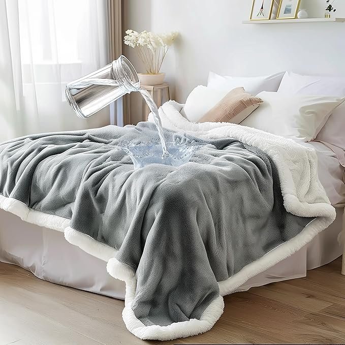 Waterproof Throw Blanket - Sherpa Fleece Reversible Cover, Soft Warm Leak-Proof Bed & Couch Protector for Kids, Pets & Everyday Spills (Velvet Gray/Cloud White, Throw 50x60