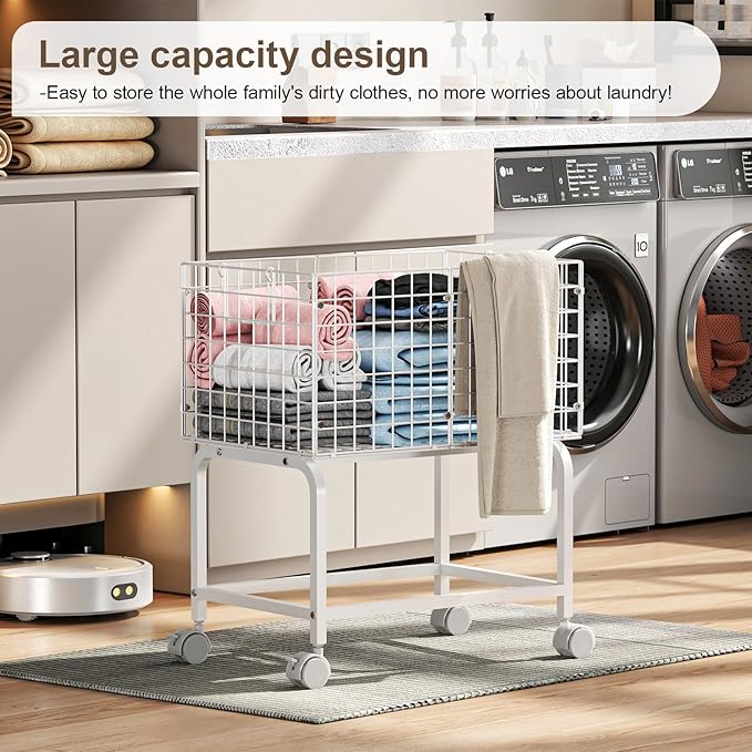 Wire Laundry Hamper Cart,80L Laundry Hamper Trolley with Pull Handle,White High Laundry Basket Cart for Laundry Room,Bathroom,Bedroom-White（23.6 * 15.75 * 28inch）