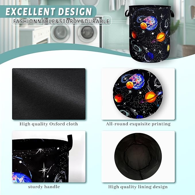 Colorful Starry Sky Planets Laundry Basket Galaxy Funny Laundry Hamper Foldable Oxford Cloth Universe Tote Bag Clothe Toy Storage Bucket 18.9"x16.5" For Bathroom/Laundry Storage/Bedroom
