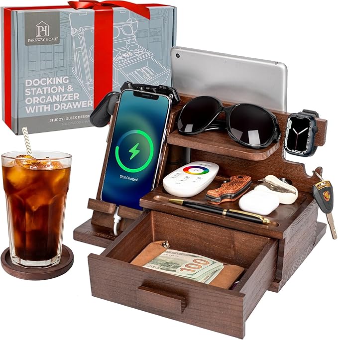 Parkway Home Wood Phone Docking Station with Drawer, Compatible with Apple Watch - Wood Charging Station Organizer Stand, Bedside Nightstand Organizer for Men, Holds Phone, Tablet, Keys, Glasses, EDC