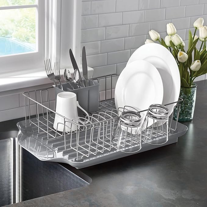 Farberware 3-Piece Large Capacity Dish Drying Rack Set with Drainboard and Utensil Holder, Rust-Resistant Kitchen Counter Dish Drainer
