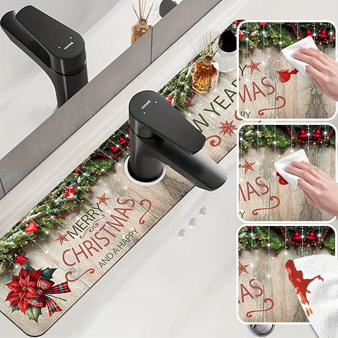 Chrismas Sink Splash Guard Faucet Mat Cute Christmas Absorbent Fast Drying Mat Sink Gadgets Splash Guard Behind Faucet Drip Catcher for Kitchen Bathroom 23.5"X5.5"