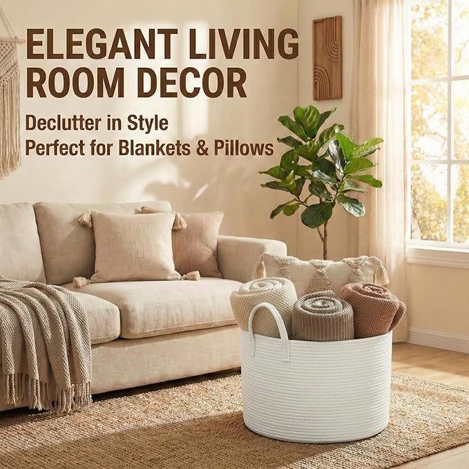 115L Extra Large Blanket Basket for Living Room - Woven Cotton Rope Laundry Hamper with Reinforced Handles - Storage Bin for Pillows, Comforters & Toys - Machine Washable,White