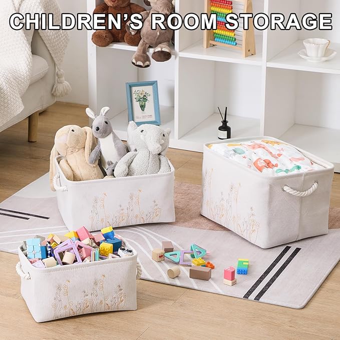Storage Basket 3 Pack, Fabric Storage Basket for Three Sizes，Floral embroidery,Collapsible Canvas Storage Baskets for Organizing,Shelf,Nursery,Home,Closet,with Cotton Rope Handle(Off White-3PCS)