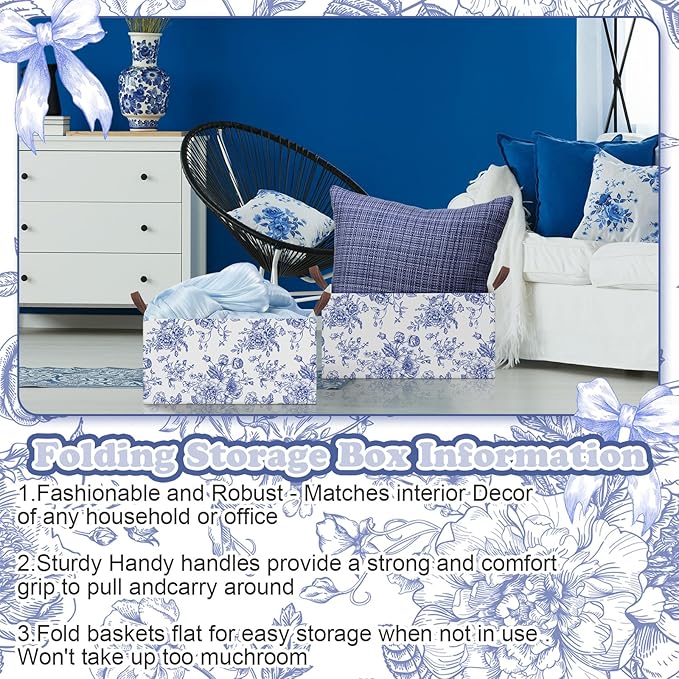 Boao 3 Pcs Blue Floral Storage Bin Wildflowers Collapsible Large Storage Baskets for Gifts Canvas Laundry Basket Foldable Box with Handle for Office Home Bedroom Clothes