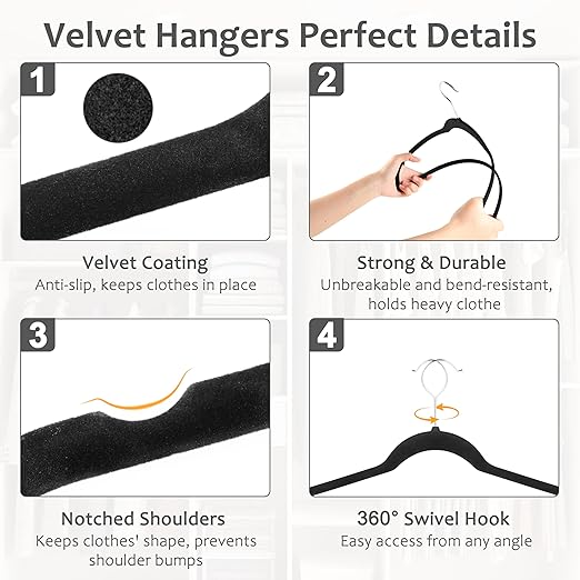 Whitmor Premium Velvet Hangers 50 Pack, Heavy Duty & Non-Slip Hangers with 360° Swivel Hooks, Space Saving Hanger, Durable Closet Organizers for Coats, Pants, Dresses, Black