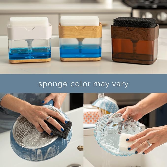 S&T INC. Dish Soap Dispenser and Sponge Holder for Kitchen Sink, Waterproof Labels and Sponge Included, 13 Ounces, Plastic, Bamboo