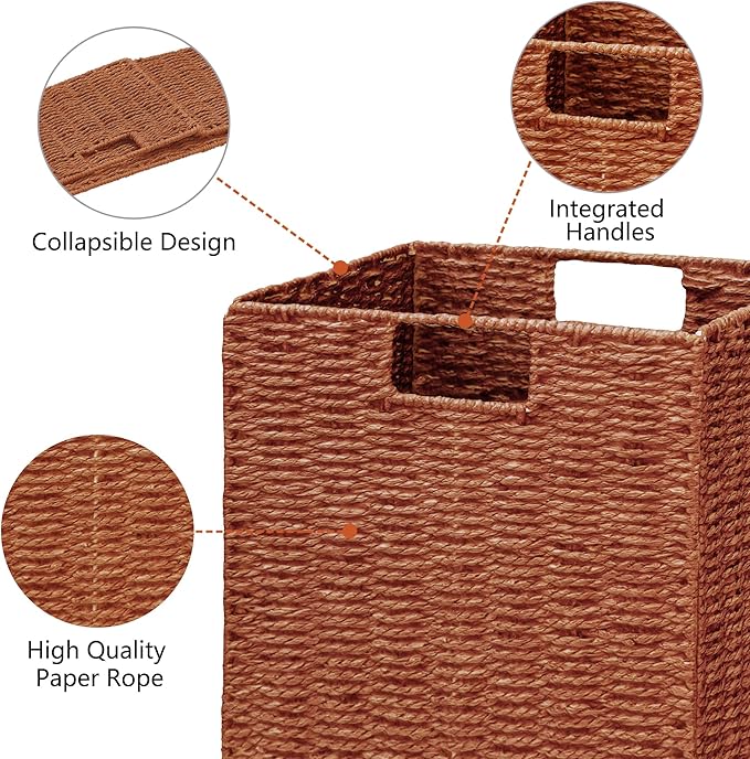 Vagusicc Wicker Storage Basket, Set of 2 Hand-Woven Paper Rope Wicker Baskets, Foldable Cube Storage Bins, 11 inch Storage Basket, Square Baskets for Organizing Shelves & Decor, Orange (11″×11″×11″)