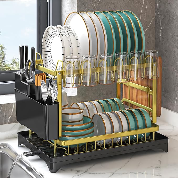 Dish Drying Rack Gold, Multifunctional Dish Racks for Kitchen Counter with Drainboard 2 Tier Dish Drainer Large Capacity for Knifes/Cup/Cutting Board