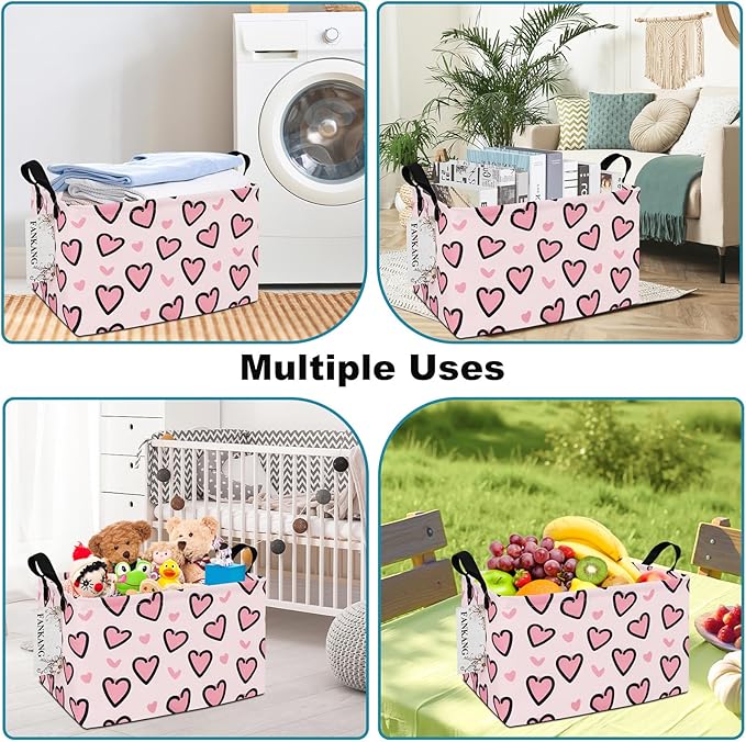 FANKANG Storage Bins, Nursery Hamper Canvas Laundry Basket Foldable with Waterproof PE Coating Large Storage Baskets for Kids Boys and Girls, Office, Bedroom, Clothes,Toys(Rec-Pink Love ）