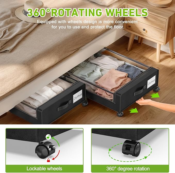 Under Bed Storage with Wheels, 2-Pack Underbed Storage Containers with Clear Lids, Under Bed Shoe Storage Organizer, Rolling Under the Bed Storage Bins for Clothes Shoes Blankets (Black)