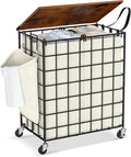 Laundry Basket with Wheels, Heavy Duty Laundry Sorter 2 Sections, 120L (32Gal.) Large Capacity Laundry Hamper with Wood Lid, 360 Rolling Wheels, Extra Side Pocket, Leather Pull Handle (Beige)