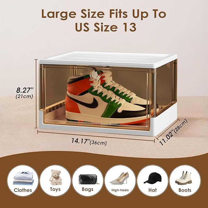 Thicken & Sturdy Clear Shoe Boxes with Magnetic Door, 3 Pack Stackable Multi-functional Shoe Storage, Shoe Organizer for Closet, Space Saving, 360 ° Dustproof & Moisture-proof, Fits Up to US Size 13